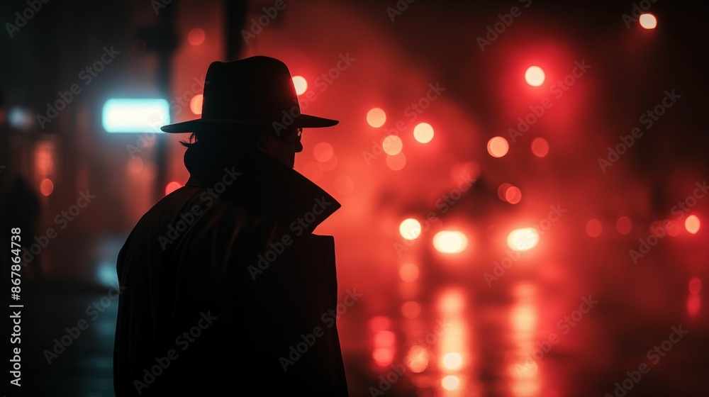 Silhouette of a man in a hat and trench coat standing on a foggy street at night. Silhouette of a man in a hat and trench coat standing on a foggy street at night.