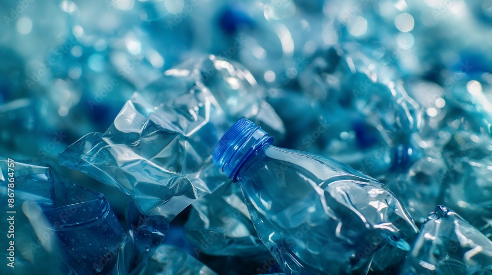 Image of crumpled blue plastic bottles in a recycling bin. Image of crumpled blue plastic bottles in a recycling bin.