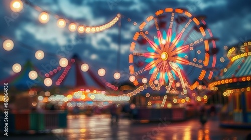 Ferris wheel and string lights at a carnival at night with blurred background.