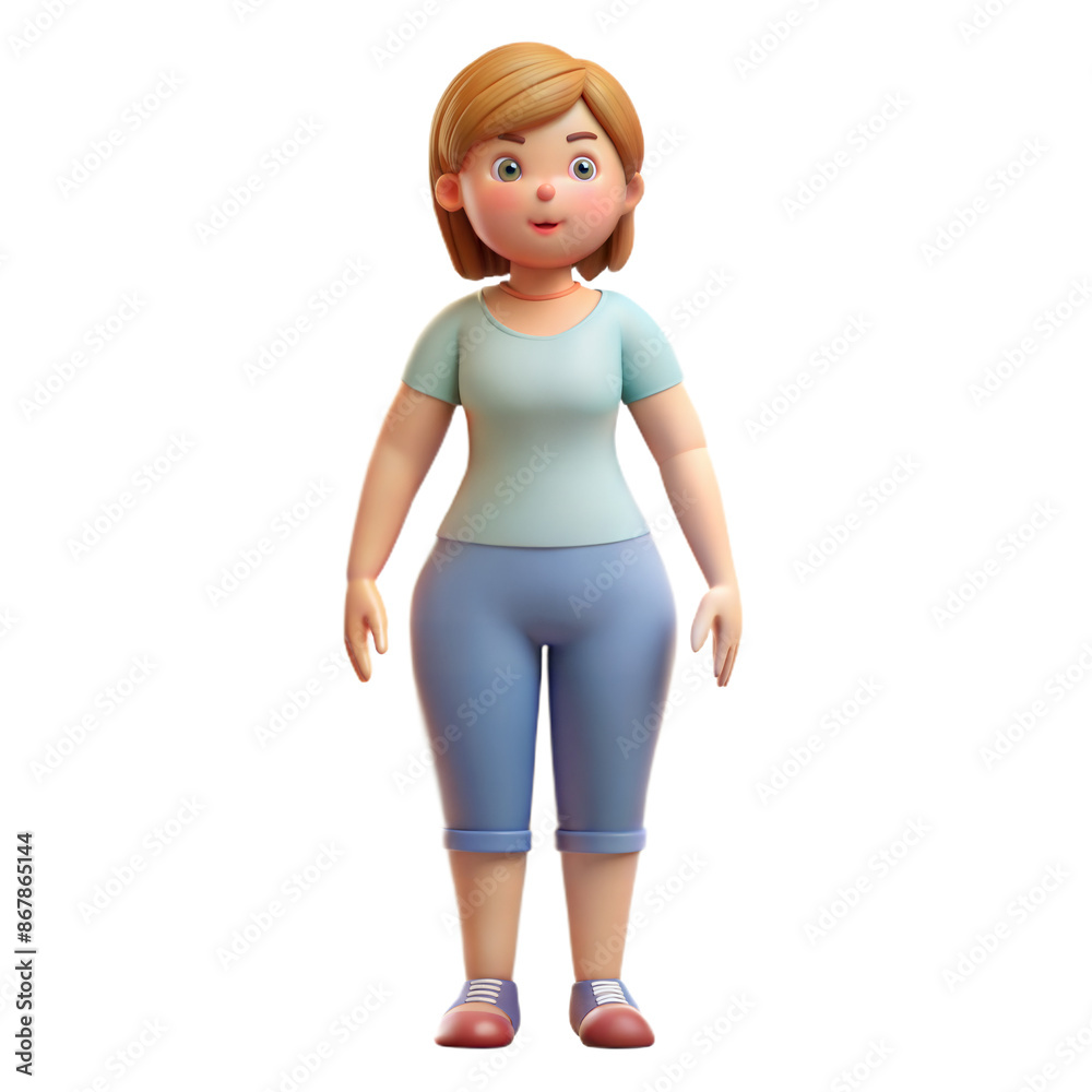 3D cartoon woman character in casual attire with a neutral expression on transparent background 3D cartoon woman character in casual attire with a neutral expression on transparent background