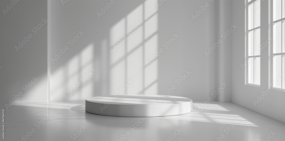 Sunlit white room with minimalist design, an empty podium casts shadow patterns for an artistic and tranquil ambiance Sunlit white room with minimalist design, an empty podium casts shadow patterns for an artistic and tranquil ambiance