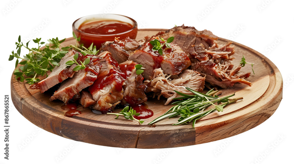 Ultra HD image of BBQ pulled pork served on a wooden board, garnished with fresh herbs and a tangy barbecue sauce, isolated on a transparent background Ultra HD image of BBQ pulled pork served on a wooden board, garnished with fresh herbs and a tangy barbecue sauce, isolated on a transparent background