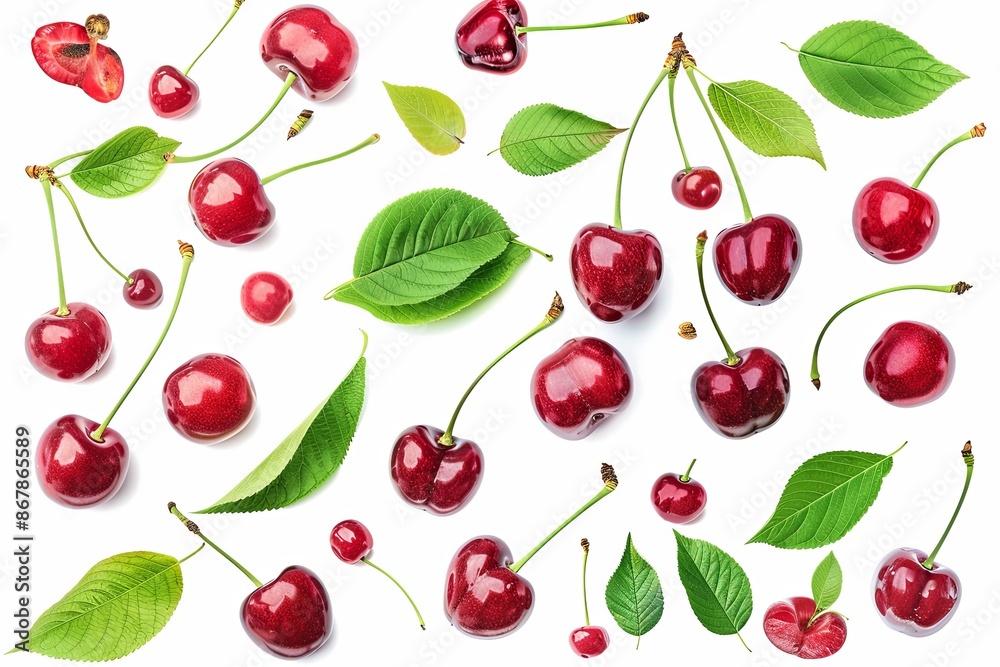 A group of fresh, red cherries and green leaves arranged on a white background. Generative AI A group of fresh, red cherries and green leaves arranged on a white background. Generative AI