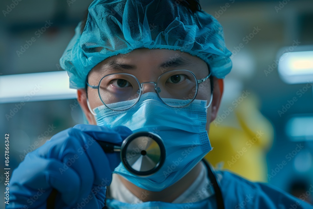Focused Surgeon in Operating Room Holding a Stethoscope