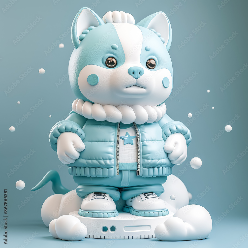 Fototapeta premium A blue and white stuffed animal dressed in a blue jacket and white shoes, showcasing an adorable and stylish look.