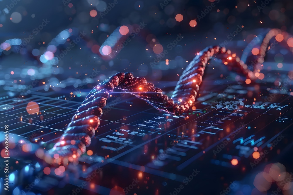 Glowing DNA Strand Overlaid on Digital Data Interface Glowing DNA Strand Overlaid on Digital Data Interface