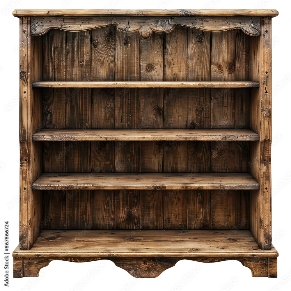 Empty rustic wooden bookshelf with weathered texture and four shelves, ideal for vintage and farmhouse interior design. Empty rustic wooden bookshelf with weathered texture and four shelves, ideal for vintage and farmhouse interior design.