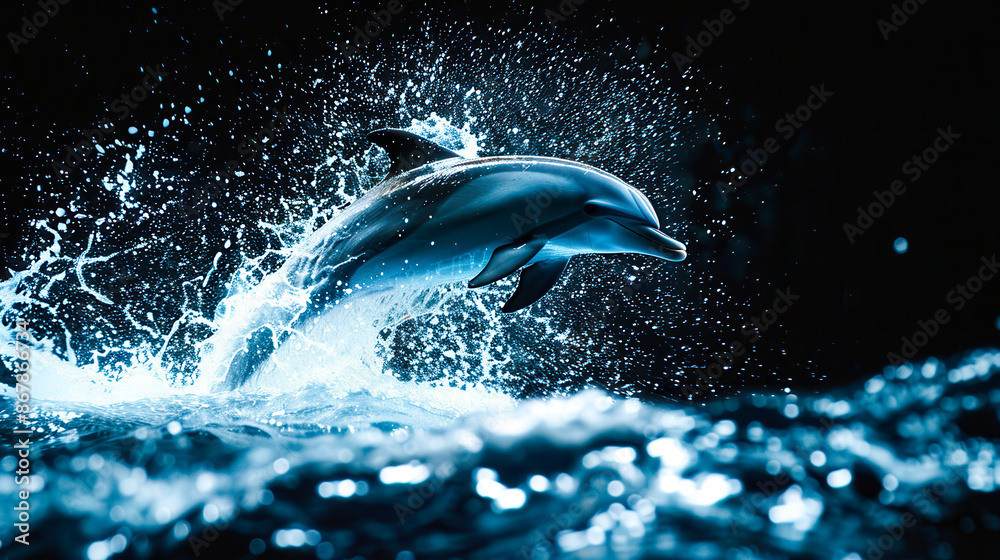 Fototapeta premium Dolphin, jumping through waves, dark background