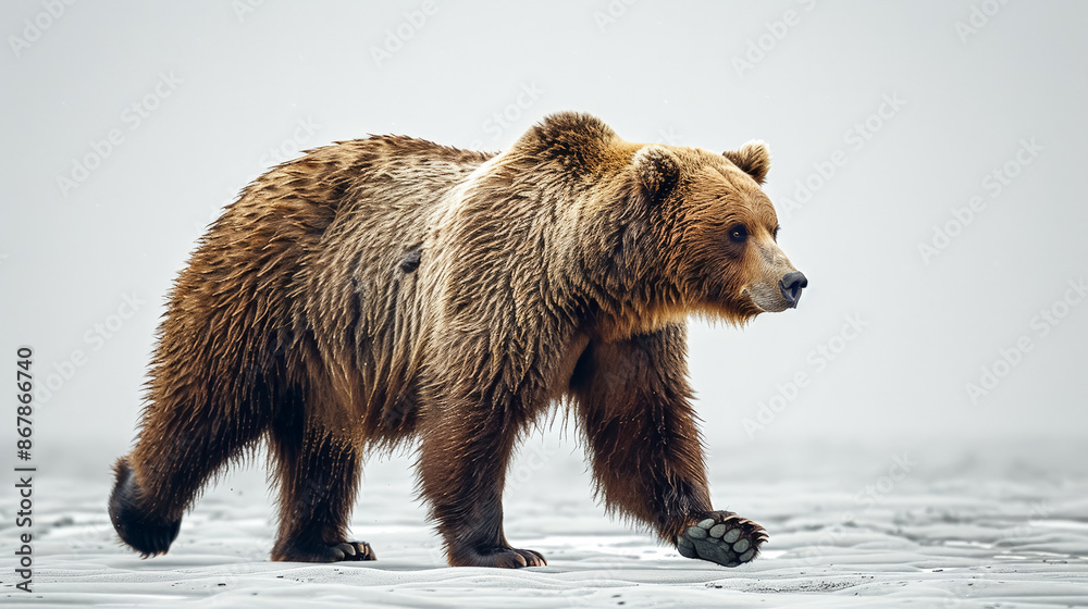 Obraz premium A bear is walking through the snow. The bear is large and has a lot of fur. The snow is white and covers the ground