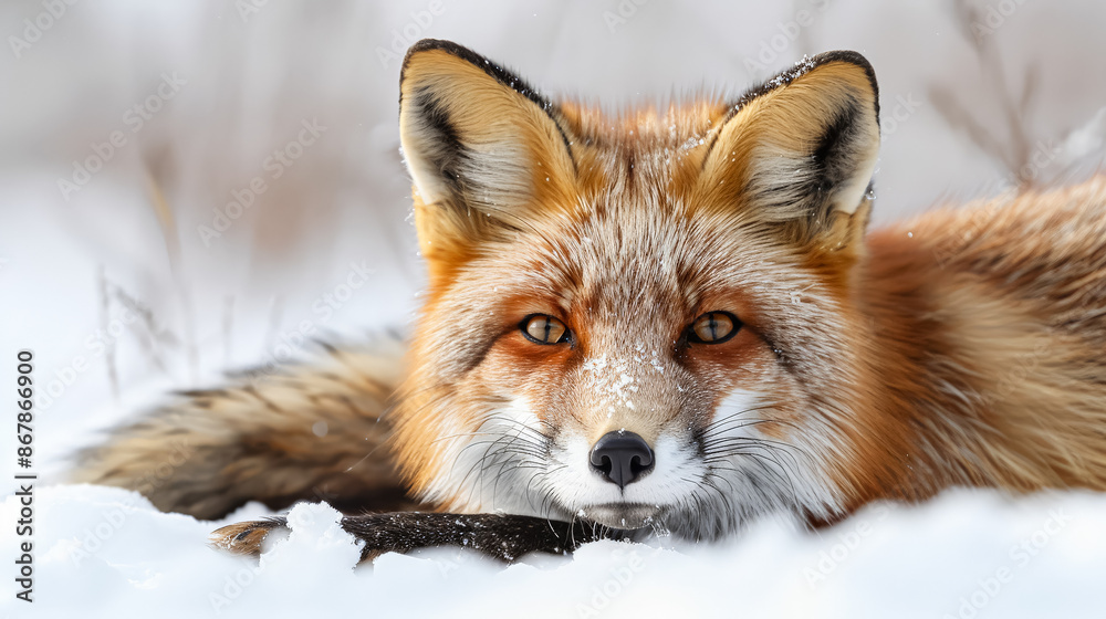 A fox is laying in the snow with its head tilted to the side. The fox is brown and white, and it is enjoying the cold weather A fox is laying in the snow with its head tilted to the side. The fox is brown and white, and it is enjoying the cold weather