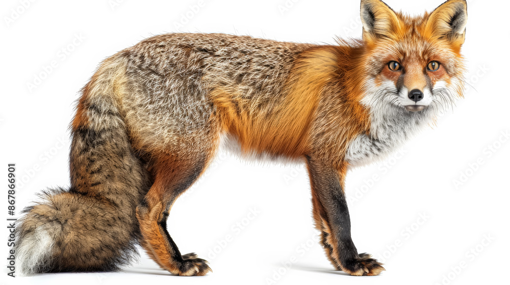 A fox is standing on a white background. The fox is looking at the camera