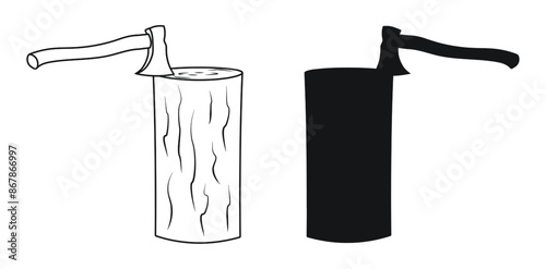 Wooden stump with an axe, cutting wood, logging