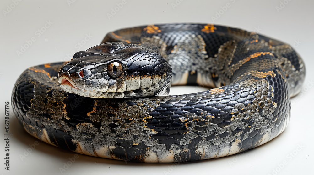Obraz premium A black and white snake with a white stripe on its head. The snake is curled up and he is resting
