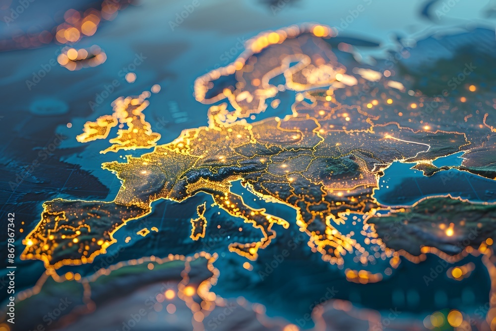Illuminated Map of Europe at Night Showcasing Major Cities and Borders ...
