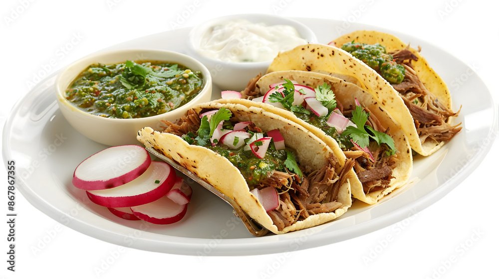 Ultra HD image of pulled pork tacos with salsa verde and radish slices, neatly presented on a transparent background plate on a transparent background Ultra HD image of pulled pork tacos with salsa verde and radish slices, neatly presented on a transparent background plate on a transparent background