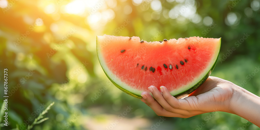 Hand holding a slice of red ripe watermelon in sunlight, right hand Hand holding a slice of red ripe watermelon in sunlight, right hand
