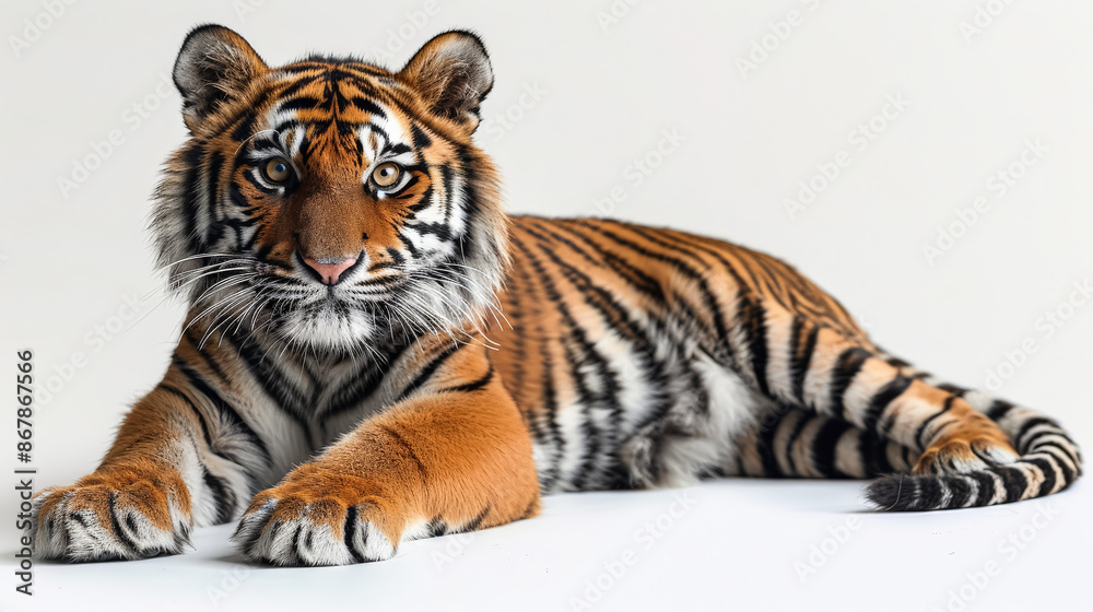 Obraz premium A tiger is laying down on a white background. The tiger is looking at the camera. The tiger is the main focus of the image