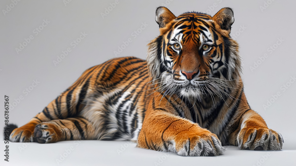 Obraz premium A tiger is laying down on a white background. The tiger is looking at the camera. The tiger is the main focus of the image