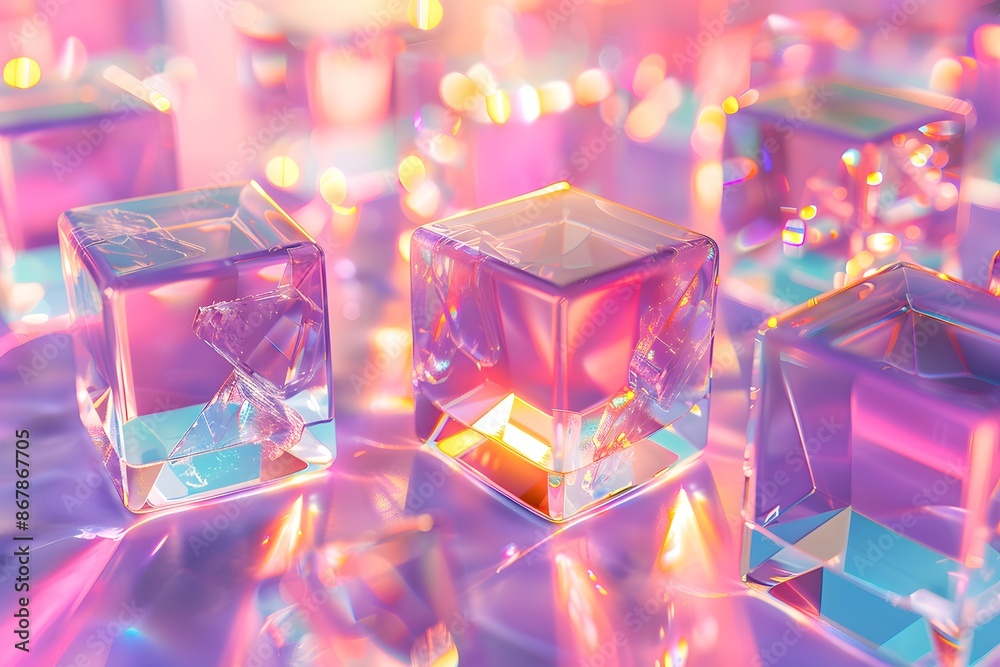 Vibrant Crystal Cubes Reflecting Light in a Dreamy Pastel Setting Vibrant Crystal Cubes Reflecting Light in a Dreamy Pastel Setting