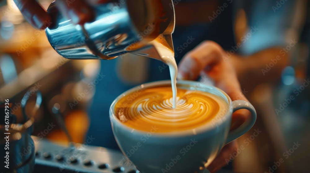 A barista is pouring milk into espresso to create latte art
