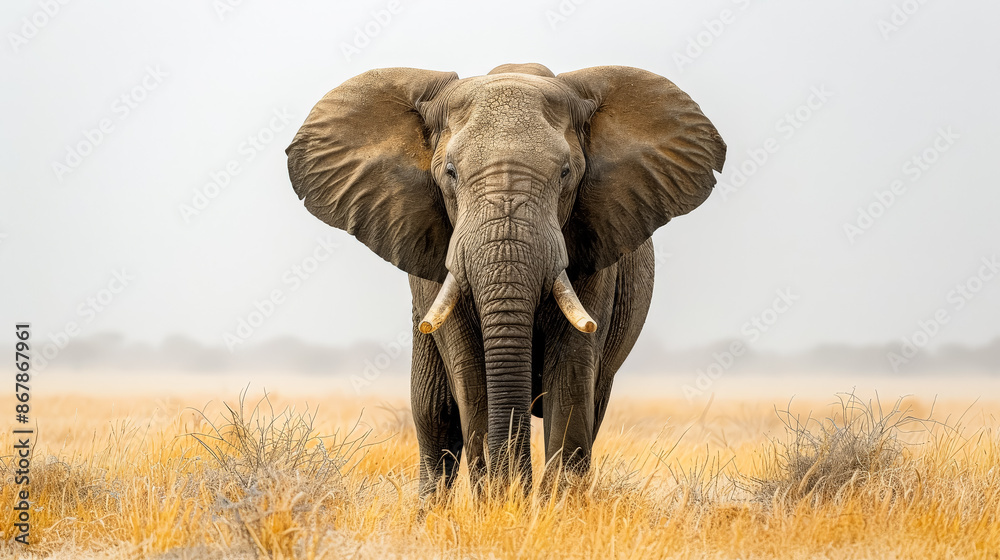 A large elephant stands in a field of tall grass. The elephant is the main focus of the image, and it is looking directly at the camera. Concept of awe and wonder, as the elephant's size A large elephant stands in a field of tall grass. The elephant is the main focus of the image, and it is looking directly at the camera. Concept of awe and wonder, as the elephant's size