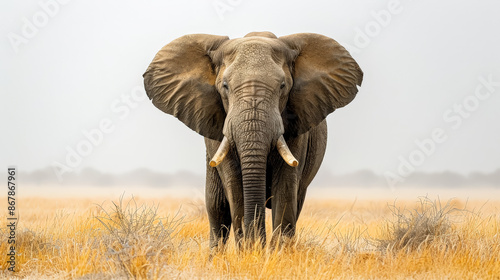 A large elephant stands in a field of tall grass. The elephant is the main focus of the image, and it is looking directly at the camera. Concept of awe and wonder, as the elephant's size