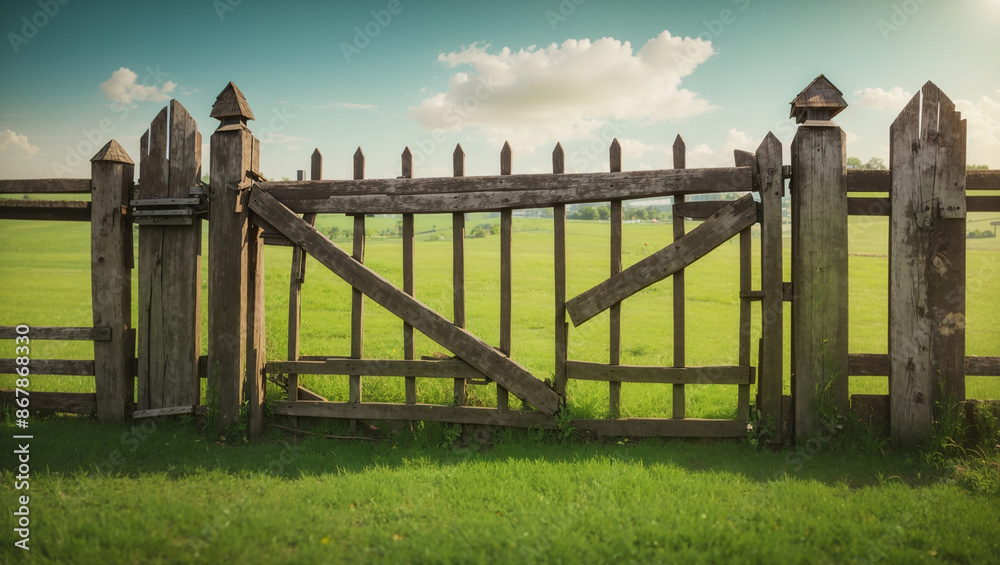 wooden gate in the middle of a green field wooden gate in the middle of a green field