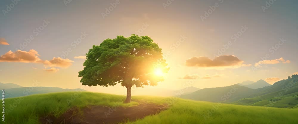 Panorama small tree growing with sunrise green world and earth day concept Video 4k animation