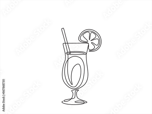 Continuous one line drawing of Glass of lemonade, or cocktail with lemon.	

