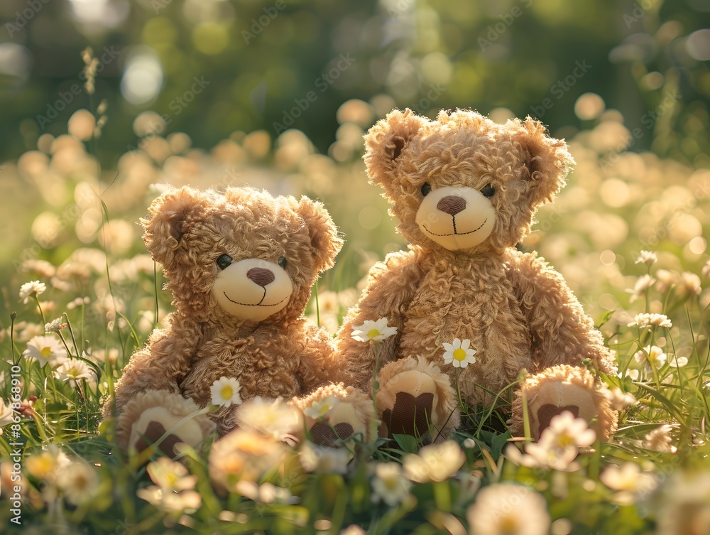 Adorable Teddy Bears Enjoying a Sunny Day in a Flower Field Adorable Teddy Bears Enjoying a Sunny Day in a Flower Field
