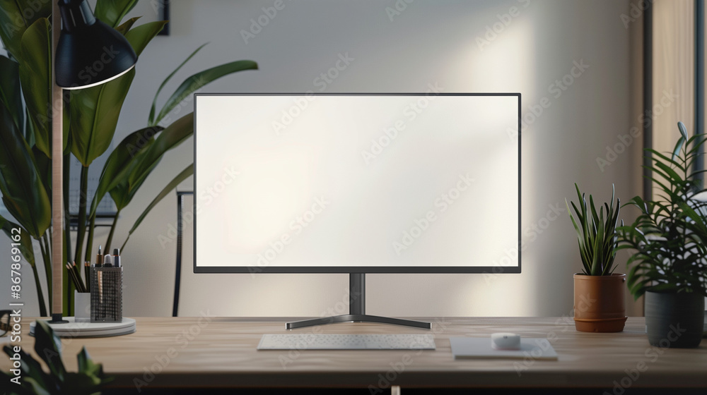 Monitor Mockup on a Clean, Organized Desk with Modern Accessories and Plants. Monitor Mockup on a Clean, Organized Desk with Modern Accessories and Plants.