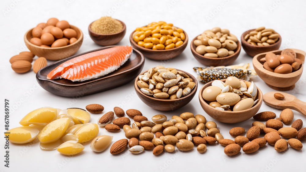 several bowls of nuts and seeds, as well as avocados, lemons, and cooking oil on a table