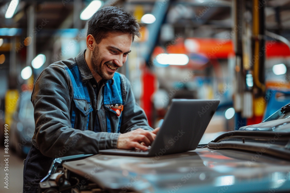 A cheerful mechanic uses a laptop amidst tools and car parts in a bustling workshop. He seamlessly integrates tech with hands-on work, diagnosing issues and enhancing repairs. A cheerful mechanic uses a laptop amidst tools and car parts in a bustling workshop. He seamlessly integrates tech with hands-on work, diagnosing issues and enhancing repairs.
