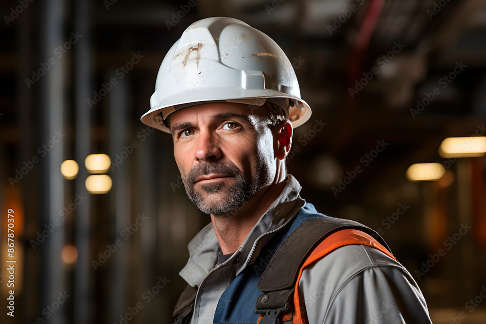 Portrait of a confident construction employee or contractor at the construction site. Generative Ai. Portrait of a confident construction employee or contractor at the construction site. Generative Ai.