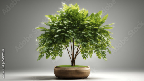 A small green tree in a brown flower pot with green grass at its base