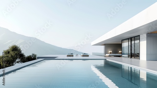 A modern, sleek pool surrounded by minimalist architecture
