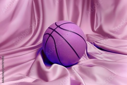 Purple basketball ball on colorful shiny violet satin background. Luxury aesthetic sport concept. Fashion abstract recreation equipment with copy space for text. 3d render.
