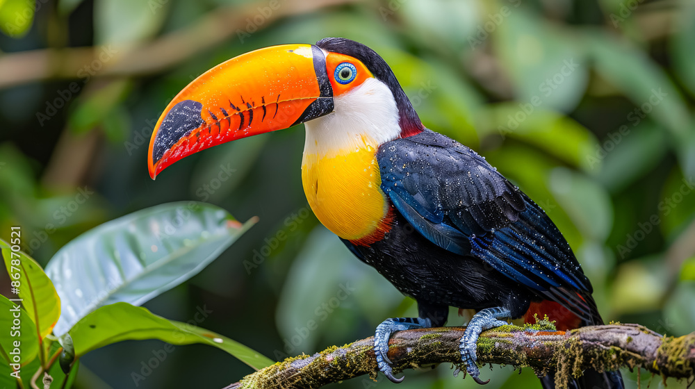 Naklejka premium A colorful bird with a long beak is perched on a branch. The bird is surrounded by lush green foliage, giving the scene a vibrant and lively atmosphere
