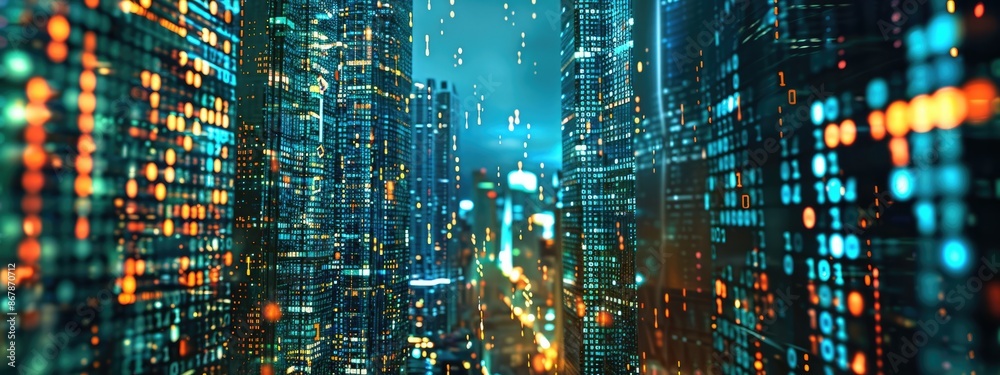 Modern Tech Cityscape with Binary Code Surrounding Reflective Skyscrapers Modern Tech Cityscape with Binary Code Surrounding Reflective Skyscrapers