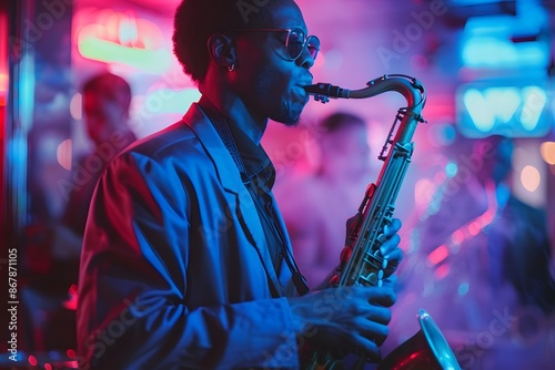 Saxophonist Performing in a Vibrant Neon-Lit Jazz Club