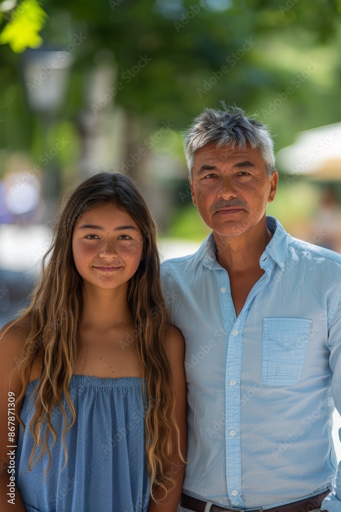 A young Hispanic woman in a blue dress and a middle-aged Caucasian man in a light blue shirt standing in a park, daytime, waist-up photo A young Hispanic woman in a blue dress and a middle-aged Caucasian man in a light blue shirt standing in a park, daytime, waist-up photo