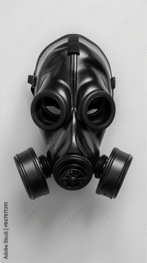 Black gas mask on white background, close-up shot. Protective gear and safety concept Black gas mask on white background, close-up shot. Protective gear and safety concept