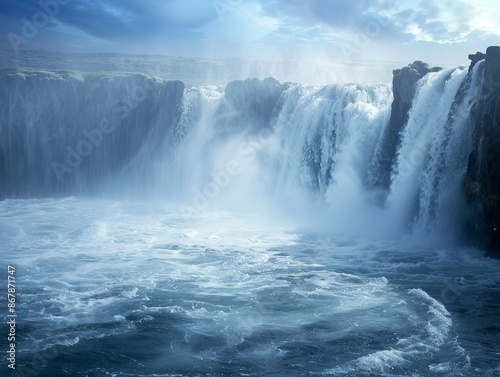Powerful Waterfall Cascades Into Blue Water in Iceland