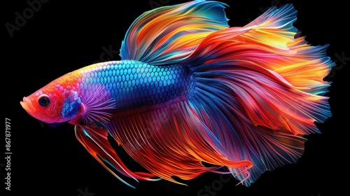 A colorful fish with a long tail and a blue head