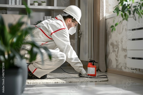 Professional Pest Control Worker Treating Indoor Area with Sprayer
