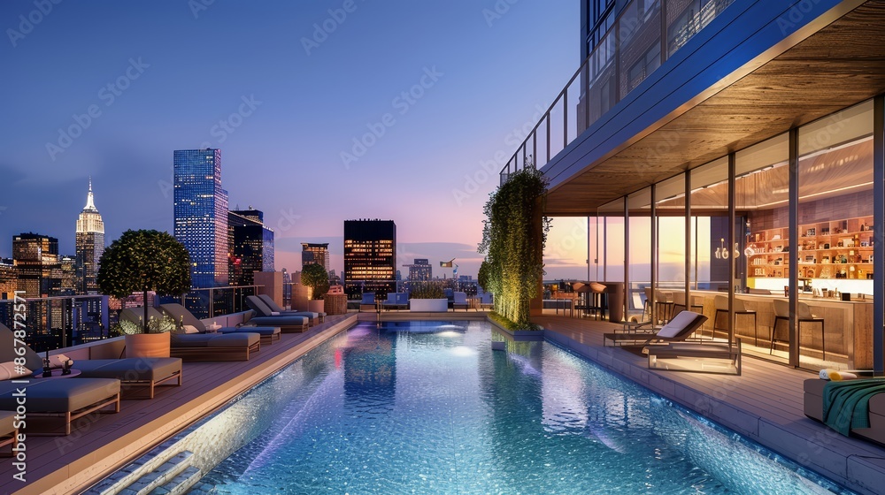 Obraz premium A rooftop pool with stunning city skyline views