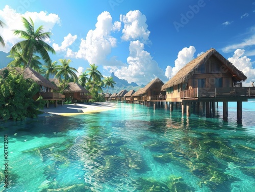 Tropical Overwater Bungalows on a Sunny Day in the South Pacific