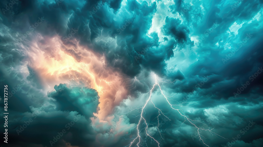Dark, ominous storm clouds dominate the sky with dramatic streaks of lightning. A break in the clouds reveals a light, creating a stunning contrast. Dark, ominous storm clouds dominate the sky with dramatic streaks of lightning. A break in the clouds reveals a light, creating a stunning contrast.