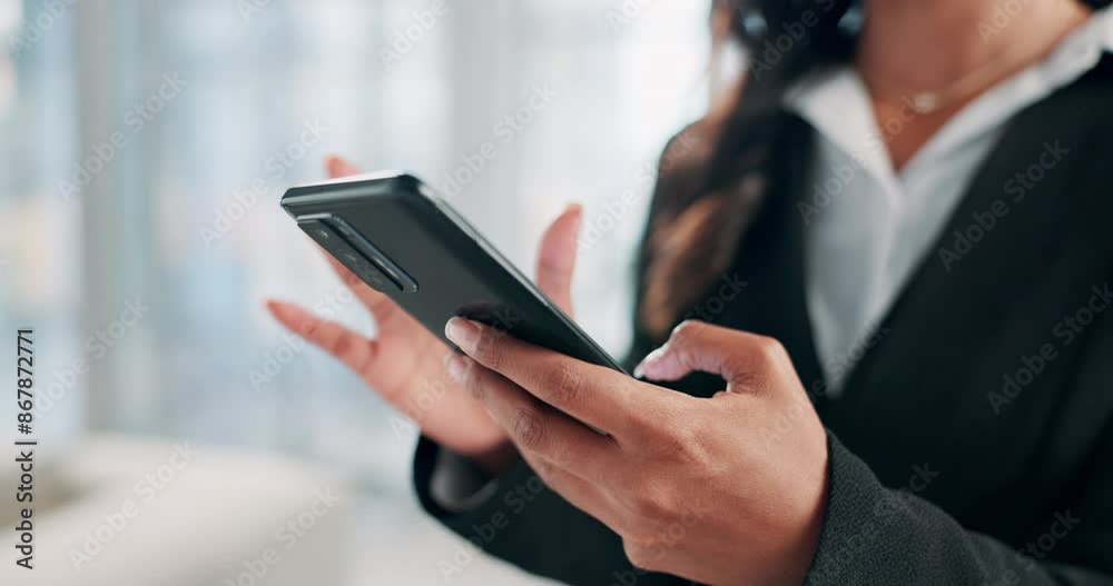 Phone, hands and business person typing on website, app or work on project in office. Closeup, scroll and financial consultant on mobile tech for reading email on budget report, profit or information Phone, hands and business person typing on website, app or work on project in office. Closeup, scroll and financial consultant on mobile tech for reading email on budget report, profit or information