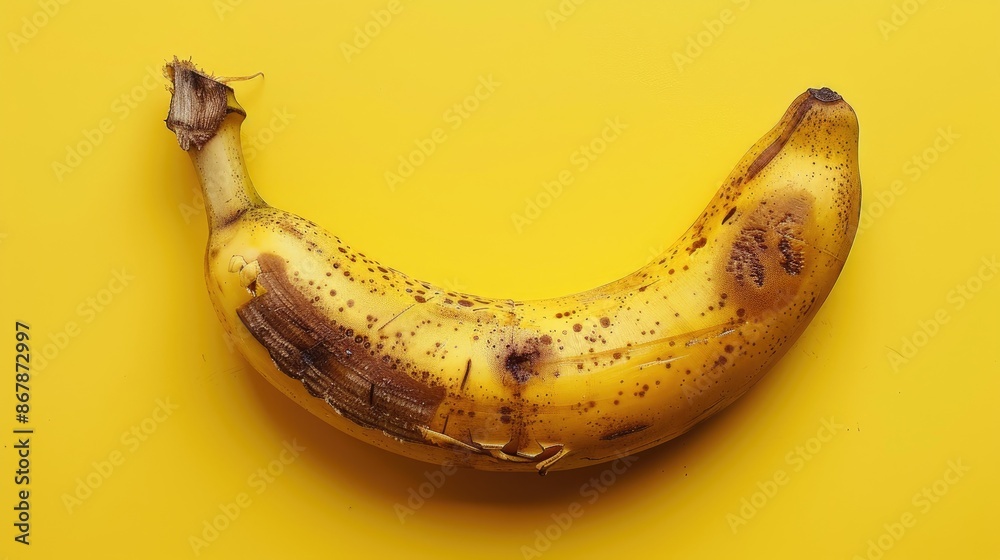 Rotten banana on yellow surface with traces of bruising and damage Rotten banana on yellow surface with traces of bruising and damage